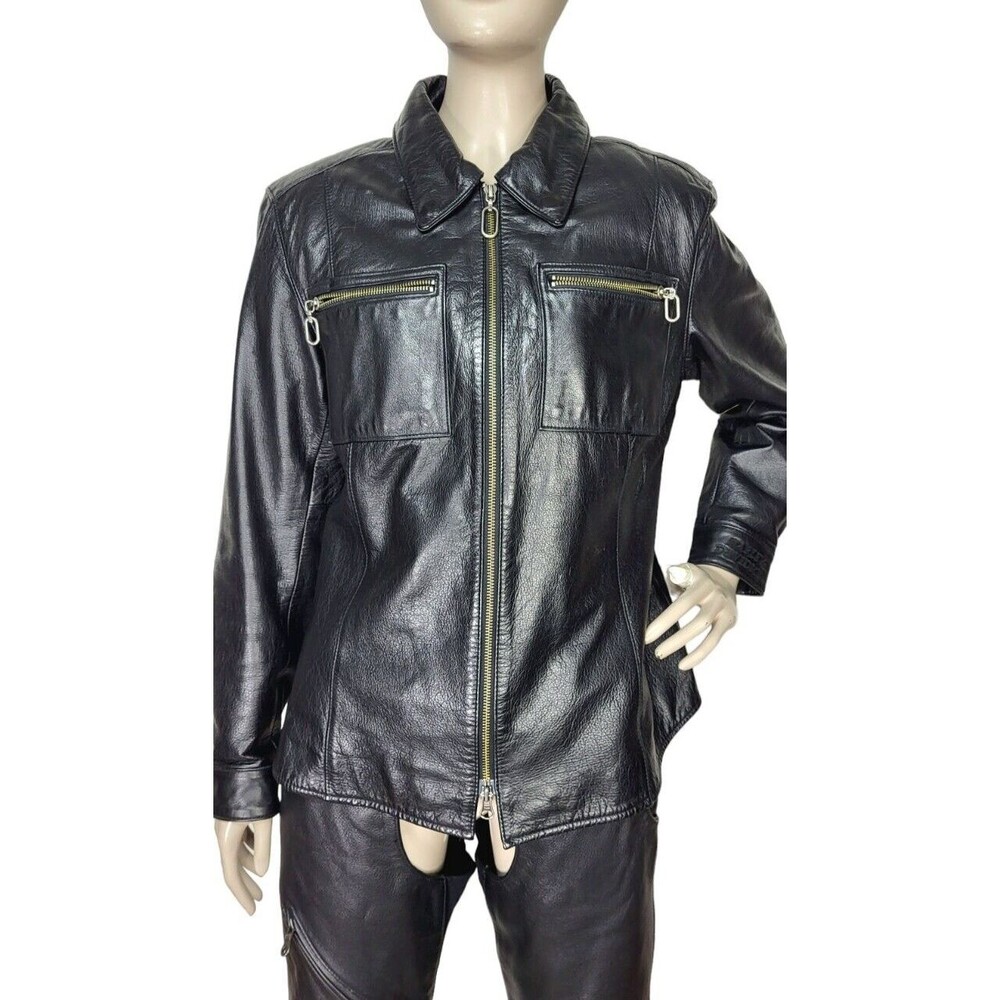 Vintage Harley Davidson Black Leather Zip-Up Embroidered Biker Moto Jacket Large